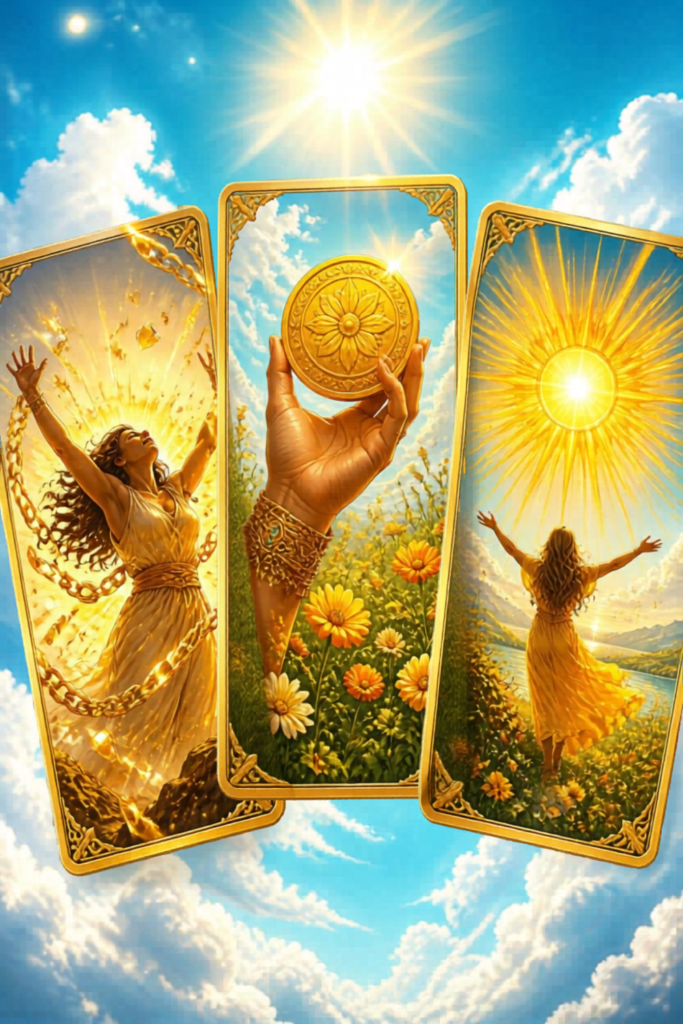 Tarot del dinero — tres arcanos mayores liberación cadenas, 
As de Oros y El Sol, abundancia económica en español para hispanos en USA