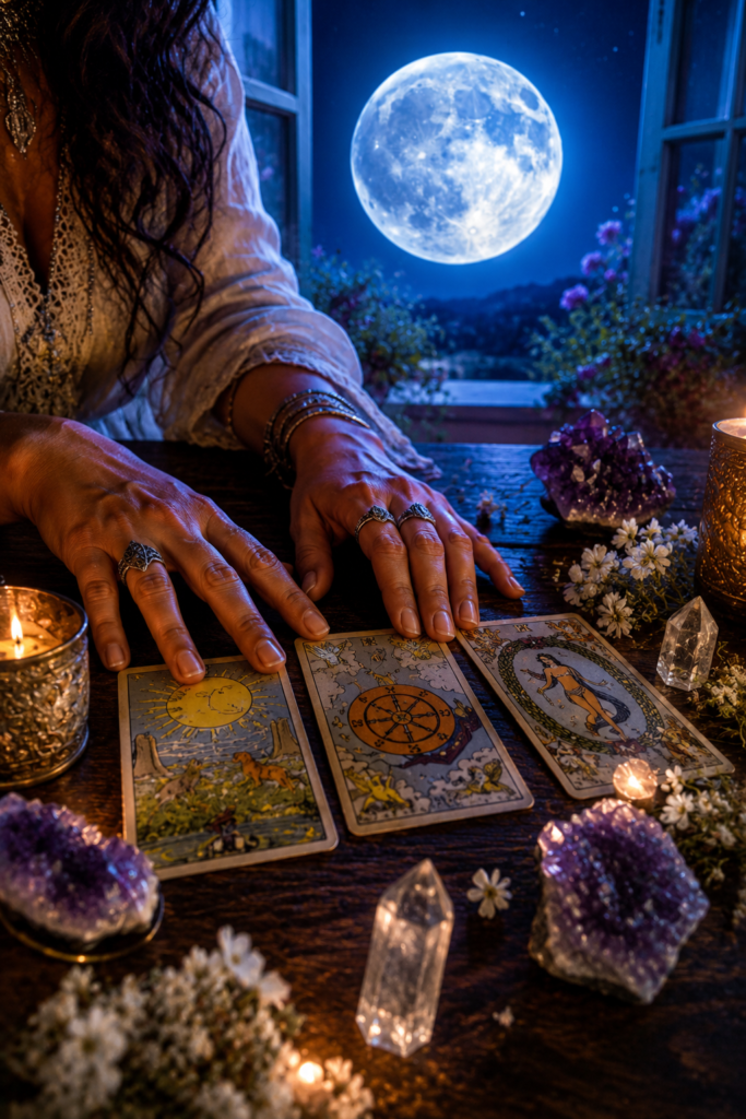 Blue moon tarot May 2026 — hands with tarot cards full moon reading Spanish consultation USA.
