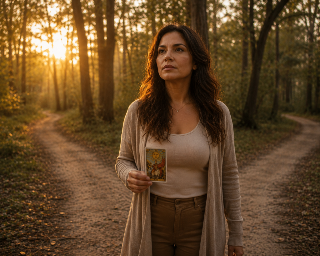 Mujer hispana con carta de tarot eligiendo su camino — tarot para tomar decisiones importantes en español USA
