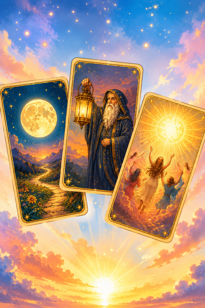 Tarot decisiones futuro — La Luna, El Ermitaño y El Juicio arcanos mayores combinación significado