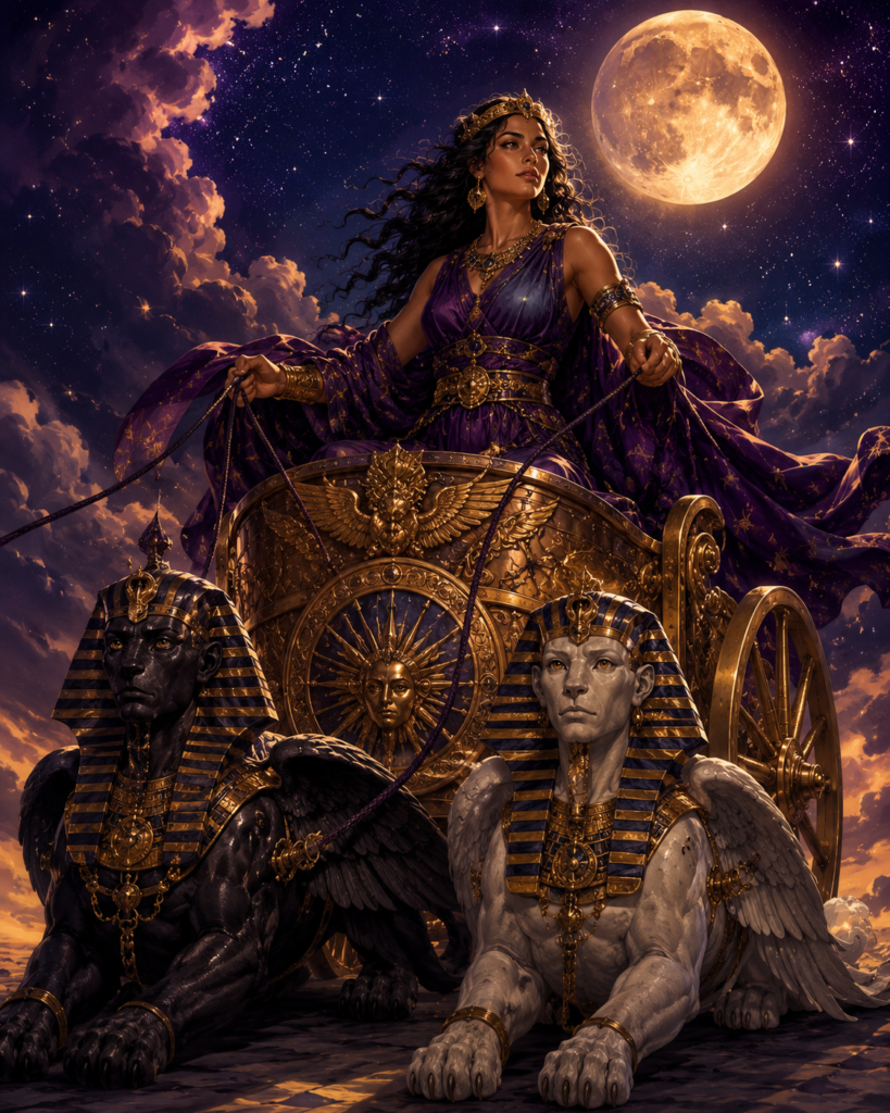 Tarot del futuro en español — El Carro arcano VII con esfinges bajo cielo estrellado, lectura mística