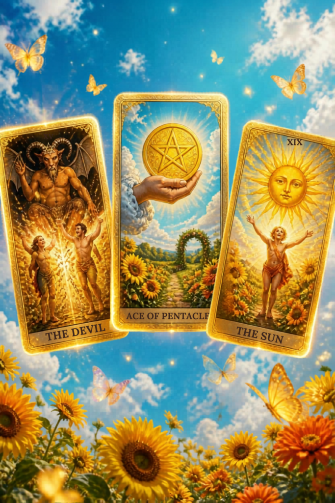 Tarot dinero trabajo — The Devil, Ace of Pentacles y The Sun, 
liberación de bloqueo económico, lectura de tarot en español para hispanos en USA