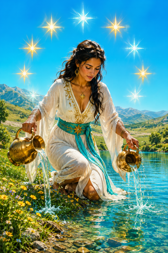 Tarot futuro amor — La Estrella arcano XVII mujer hispana junto al lago bajo cielo luminoso
