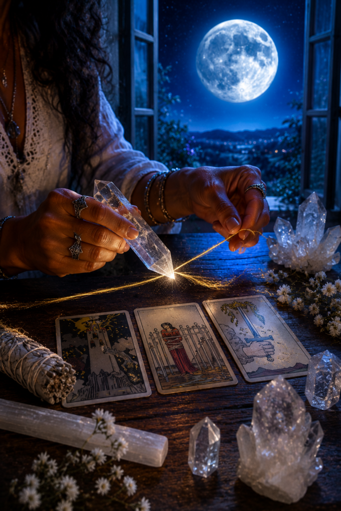 Tarot luna llena — manos cortando cordón energético con cartas The Tower y Ace of Swords, luna azul mayo 2026.