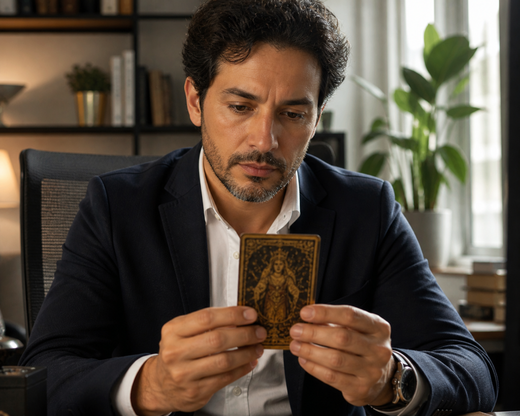 Hombre hispano profesional analizando carta de tarot — consulta tarot para escépticos en español USA