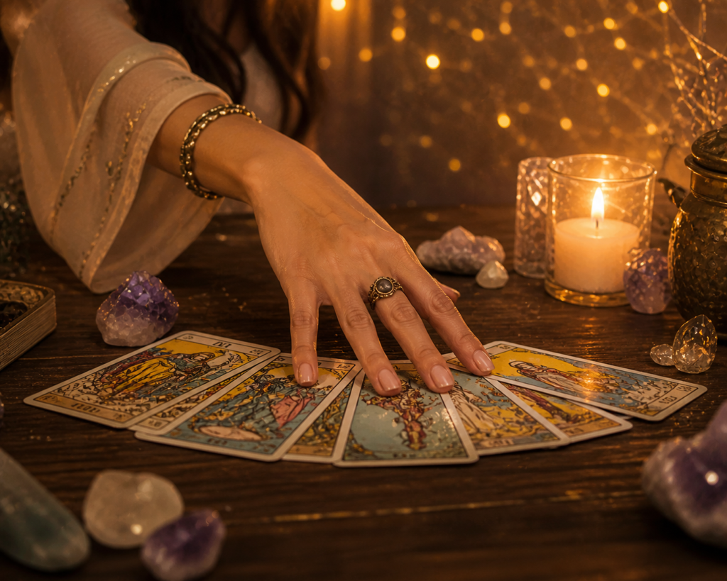 mano femenina extendiendo cartas de tarot sobre mesa de madera con velas encendidas en ambiente cálido

