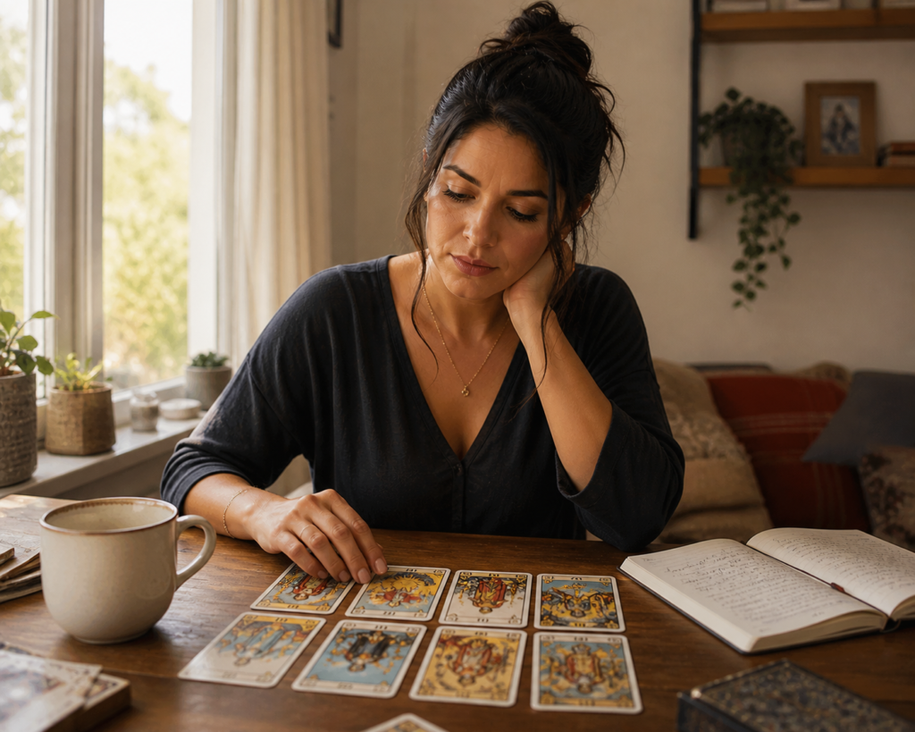 Mujer hispana consultando tarot para tomar decisiones importantes — lectura diaria en español USA.