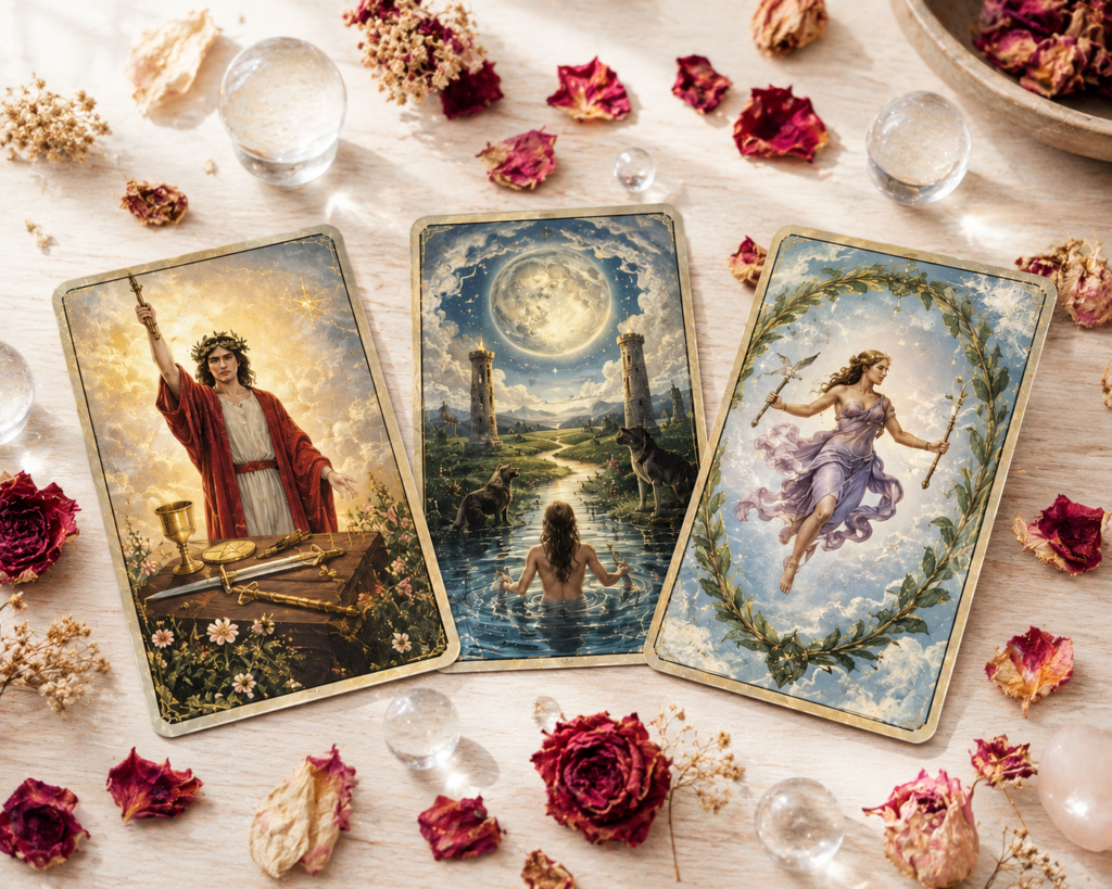 Tarot psicomagia con arcanos El Mago, La Luna y El Mundo para sanar bloqueos profundos — TarotEspanol.com