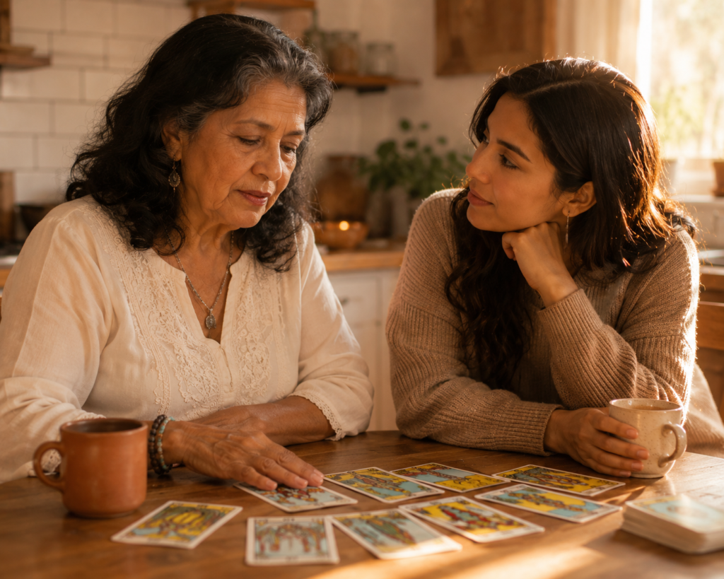 Abuela e hija hispana frente a cartas de tarot — tarot y religión en familia hispana USA