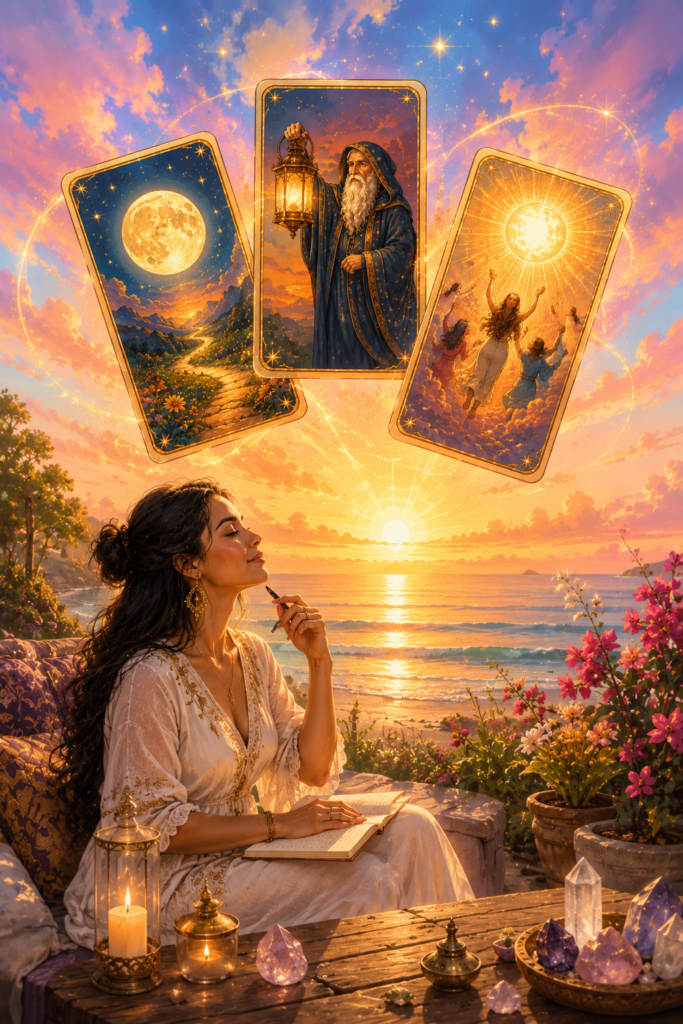 Videntes en español — manos de vidente española con cartas The High Priestess, The Star y The World, consulta telefónica para hispanos USA